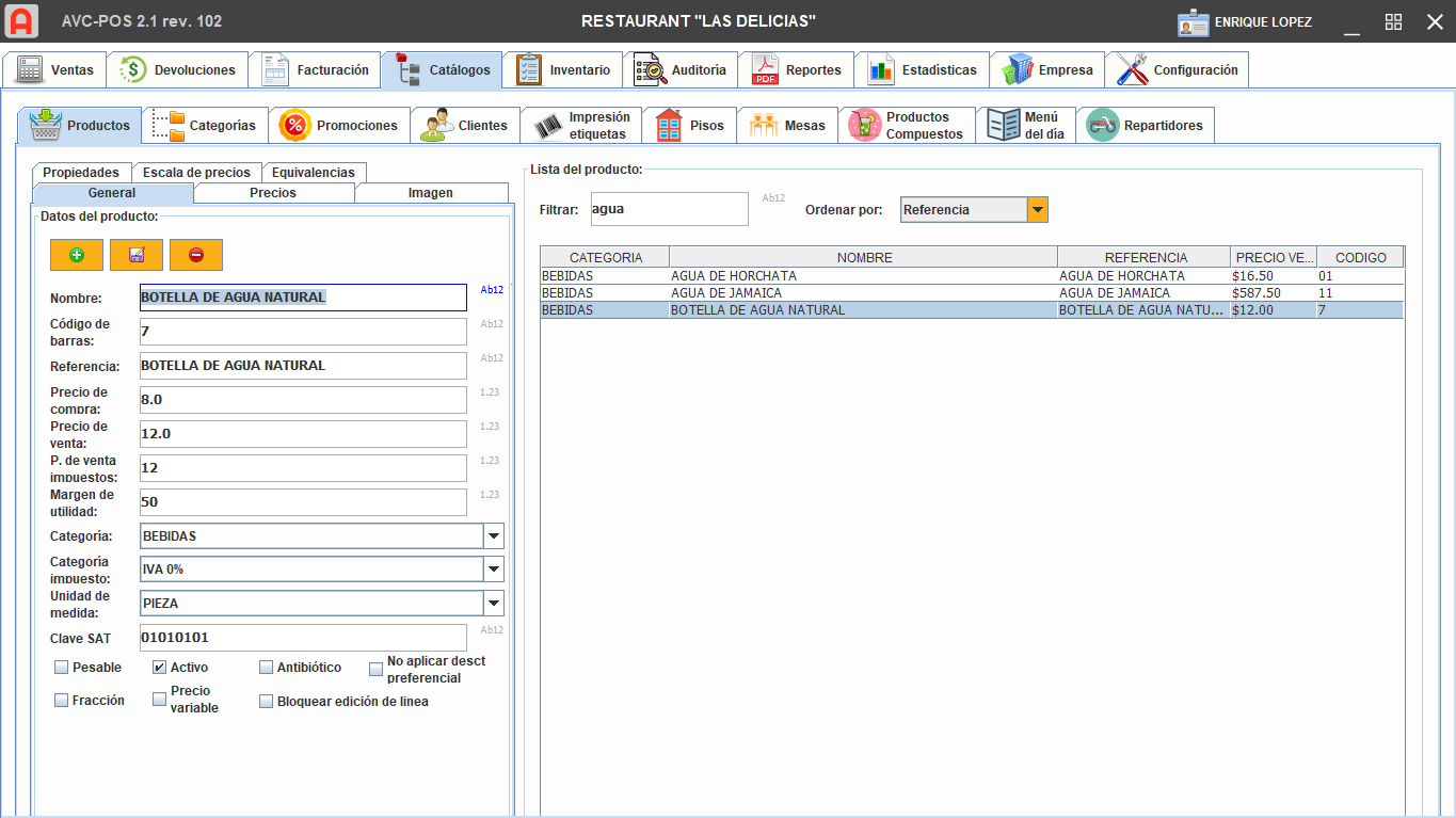 Pantalla de catálogos de AVC-POS