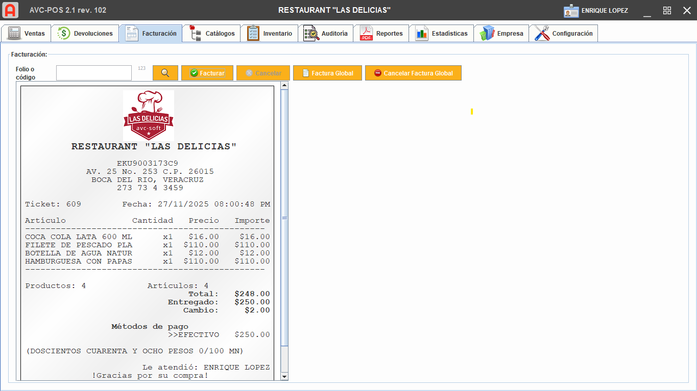 Pantalla de facturación de AVC-POS
