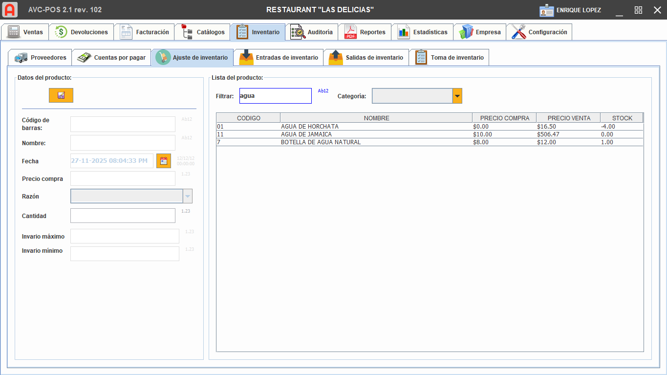 Pantalla de inventario de AVC-POS