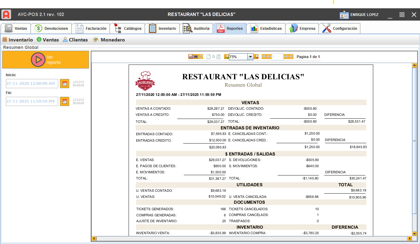 Pantalla de reportes de AVC-POS